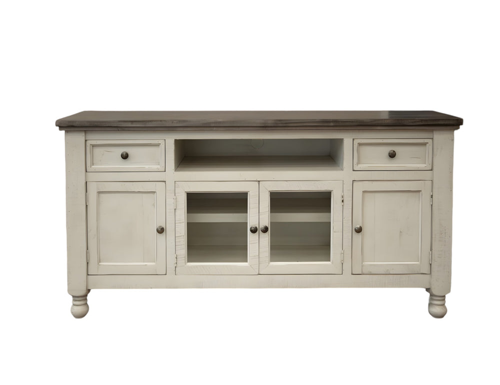 Homeroots 79" Ivory Solid Wood Open Shelving Distressed Tv Stand  Solid Wood 528714