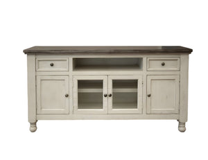 HomeRoots 79" Ivory Solid Pine TV Stand - Distressed Finish, Open Shelving & Versatile Storage for Any Room 528714