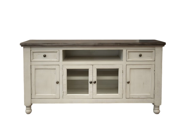 HomeRoots 79" Ivory Solid Pine TV Stand - Distressed Finish, Open Shelving & Versatile Storage for Any Room 528714