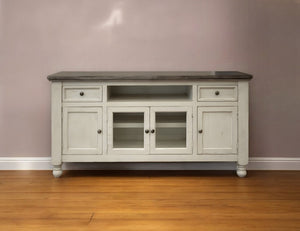 HomeRoots 79" Ivory Solid Pine TV Stand - Distressed Finish, Open Shelving & Versatile Storage for Any Room 528714