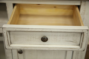 HomeRoots 79" Ivory Solid Pine TV Stand - Distressed Finish, Open Shelving & Versatile Storage for Any Room 528714