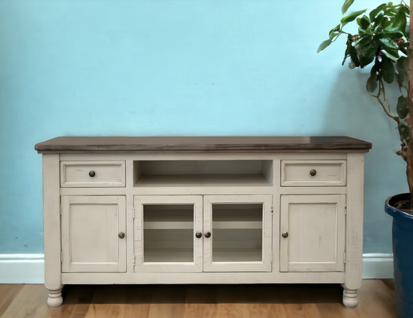HomeRoots 79" Ivory Solid Pine TV Stand - Distressed Finish, Open Shelving & Versatile Storage for Any Room 528714