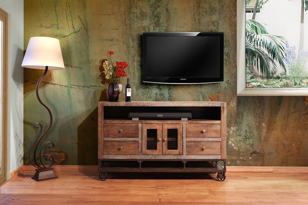 Homeroots 62" Brown Solid Wood Cabinet Enclosed Storage Distressed Tv Stand  Solid Wood 528715
