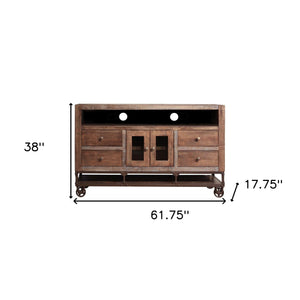 Homeroots 62" Brown Solid Wood Cabinet Enclosed Storage Distressed Tv Stand  Solid Wood 528715
