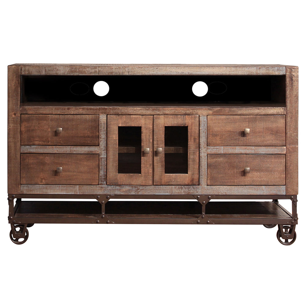 Homeroots 62" Brown Solid Wood Cabinet Enclosed Storage Distressed Tv Stand  Solid Wood 528715