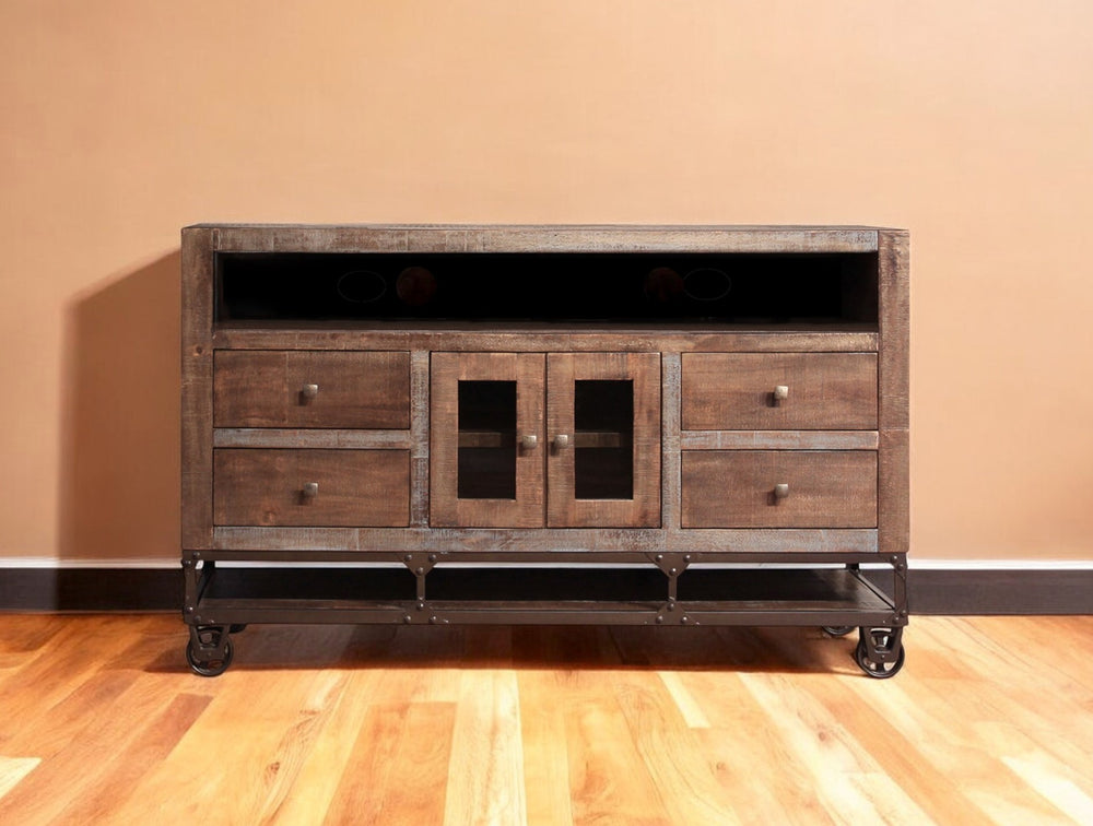 Homeroots 62" Brown Solid Wood Cabinet Enclosed Storage Distressed Tv Stand  Solid Wood 528715