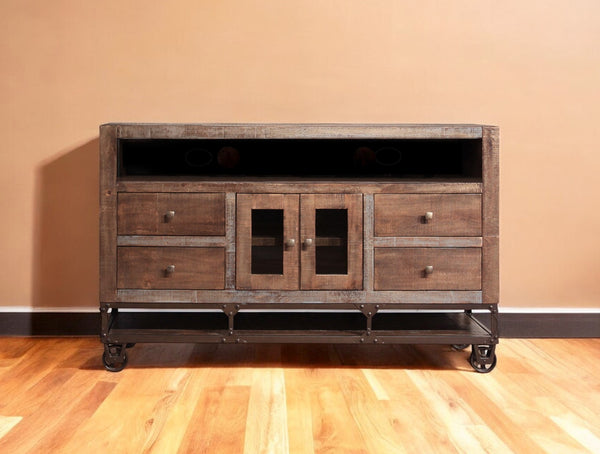 Homeroots 62" Brown Solid Wood Cabinet Enclosed Storage Distressed Tv Stand  Solid Wood 528715
