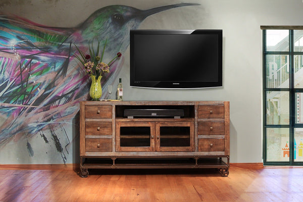 HomeRoots 76" Rustic Brown Solid Wood TV Stand with Distressed Finish, Storage & Cable Management Solutions 528716