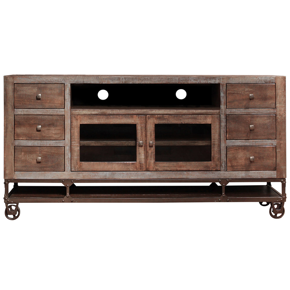 Homeroots 76" Brown Solid Wood Cabinet Enclosed Storage Distressed Tv Stand  Solid Wood 528716
