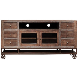 HomeRoots 76" Rustic Brown Solid Wood TV Stand with Distressed Finish, Storage & Cable Management Solutions 528716