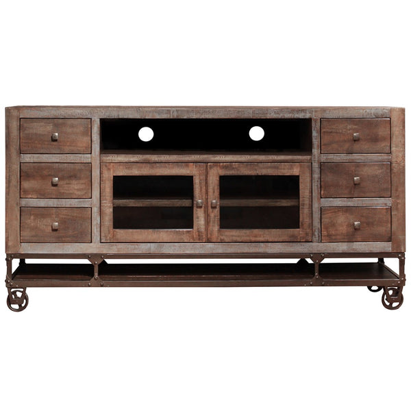 HomeRoots 76" Rustic Brown Solid Wood TV Stand with Distressed Finish, Storage & Cable Management Solutions 528716
