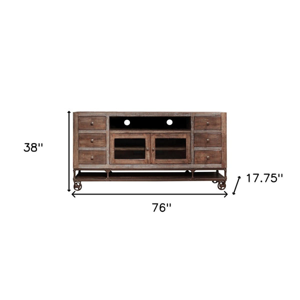HomeRoots 76" Rustic Brown Solid Wood TV Stand with Distressed Finish, Storage & Cable Management Solutions 528716