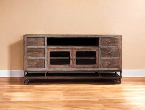 HomeRoots 76" Rustic Brown Solid Wood TV Stand with Distressed Finish, Storage & Cable Management Solutions 528716