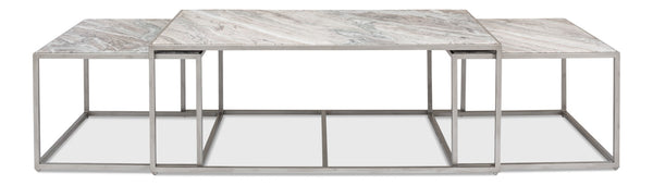 Sarreid Set Of 3 Nesting Tables With Elegant Marble Tops And Silver Antique Finish For Stylish Living Spaces Silver  52871