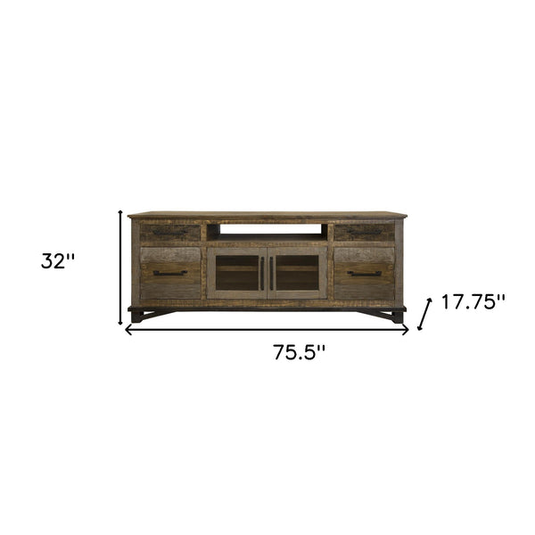Homeroots 76" Brown Solid Wood Cabinet Enclosed Storage Distressed Tv Stand  Solid Wood 528722