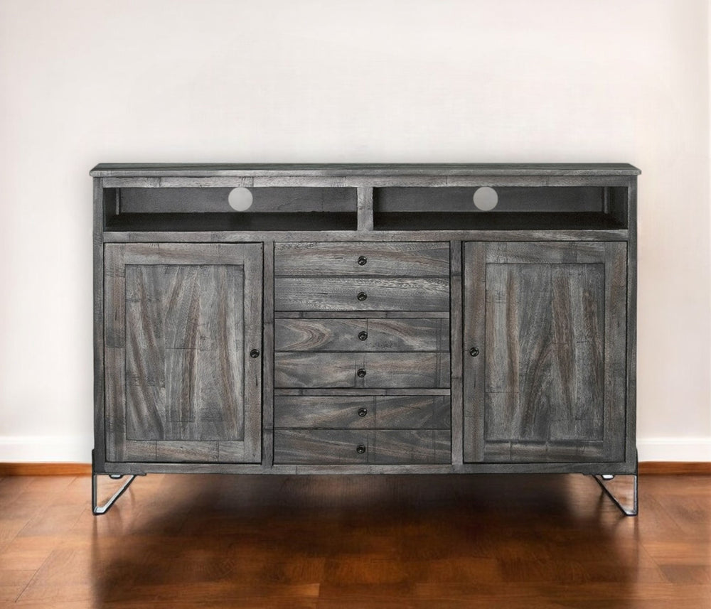 Homeroots 60" Gray Solid Wood Cabinet Enclosed Storage Distressed Tv Stand  Solid Wood 528723