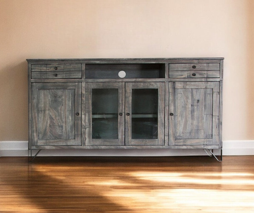 Homeroots 70" Gray Solid Wood Cabinet Enclosed Storage Distressed Tv Stand  Solid Wood 528724