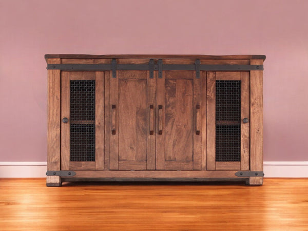 Homeroots 60" Brown Solid Wood Cabinet Enclosed Storage Distressed Tv Stand  Solid Wood 528729