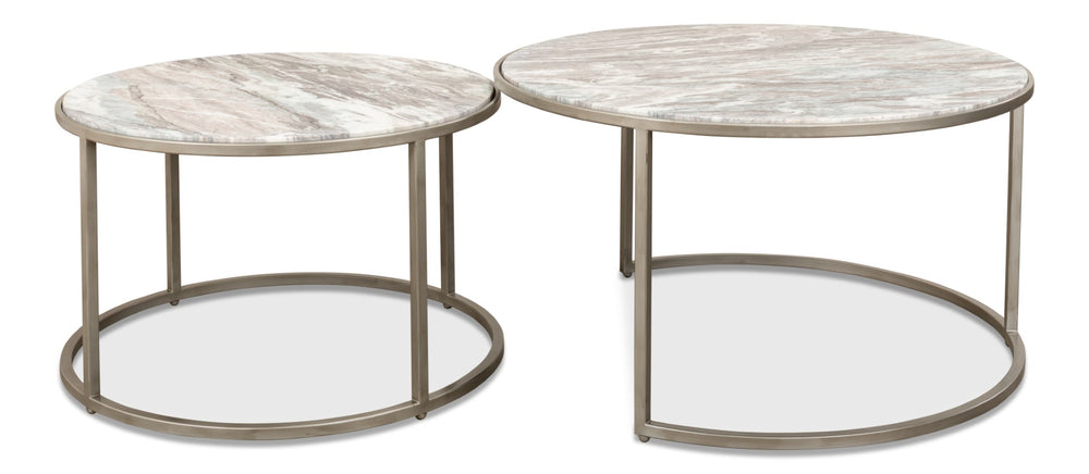 Sarreid Set Of 2 Elegant Round Nesting Tables With Marble Top And Silver Antique Finish For Stylish Decor Silver  52872