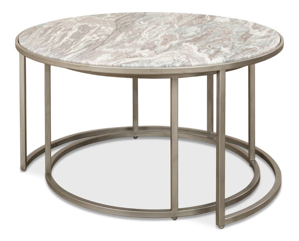Sarreid Set Of 2 Elegant Round Nesting Tables With Marble Top And Silver Antique Finish For Stylish Decor Silver  52872