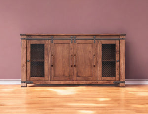 Homeroots 70" Brown Solid Wood Cabinet Enclosed Storage Distressed Tv Stand  Solid Wood 528730