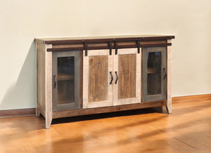 HomeRoots 60" Rustic Solid Wood TV Cabinet with Barn-Door Design, Distressed Finish & Ample Storage Solutions 528731