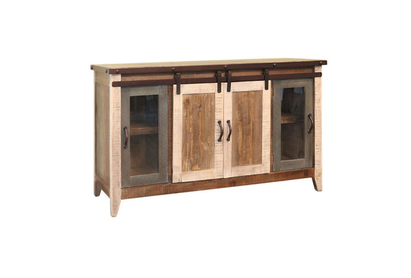 HomeRoots 60" Rustic Solid Wood TV Cabinet with Barn-Door Design, Distressed Finish & Ample Storage Solutions 528731
