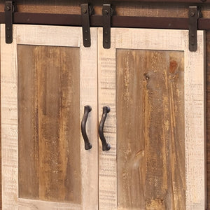 HomeRoots 60" Rustic Solid Wood TV Cabinet with Barn-Door Design, Distressed Finish & Ample Storage Solutions 528731