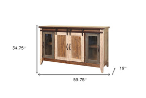 HomeRoots 60" Rustic Solid Wood TV Cabinet with Barn-Door Design, Distressed Finish & Ample Storage Solutions 528731