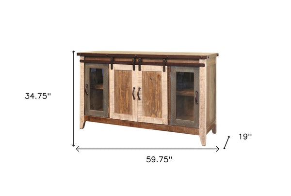 HomeRoots 60" Rustic Solid Wood TV Cabinet with Barn-Door Design, Distressed Finish & Ample Storage Solutions 528731