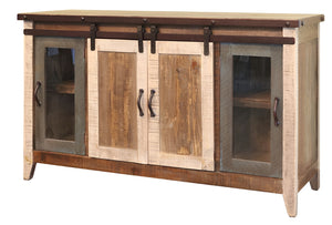 HomeRoots 60" Rustic Solid Wood TV Cabinet with Barn-Door Design, Distressed Finish & Ample Storage Solutions 528731