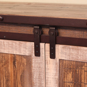 HomeRoots 60" Rustic Solid Wood TV Cabinet with Barn-Door Design, Distressed Finish & Ample Storage Solutions 528731