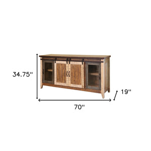 Homeroots 70" Brown Solid Wood Cabinet Enclosed Storage Distressed Tv Stand  Solid Wood 528732