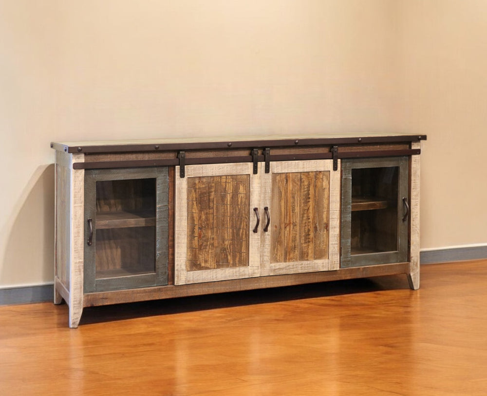 Homeroots 79" Brown Solid Wood Cabinet Enclosed Storage Distressed Tv Stand  Solid Wood 528733