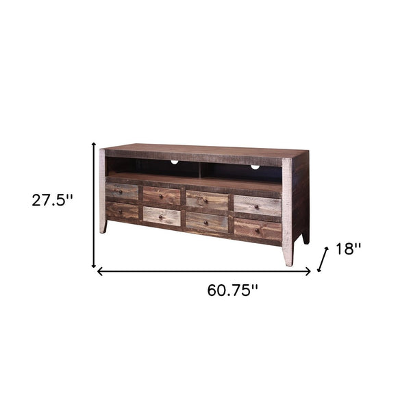 HomeRoots 61" Rustic Solid Pine TV Cabinet - Distressed Wood Media Stand with Storage & Cable Management 528734