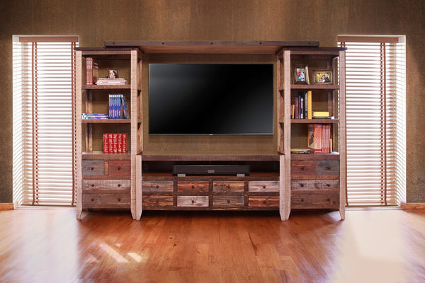 HomeRoots 61" Rustic Solid Pine TV Cabinet - Distressed Wood Media Stand with Storage & Cable Management 528734