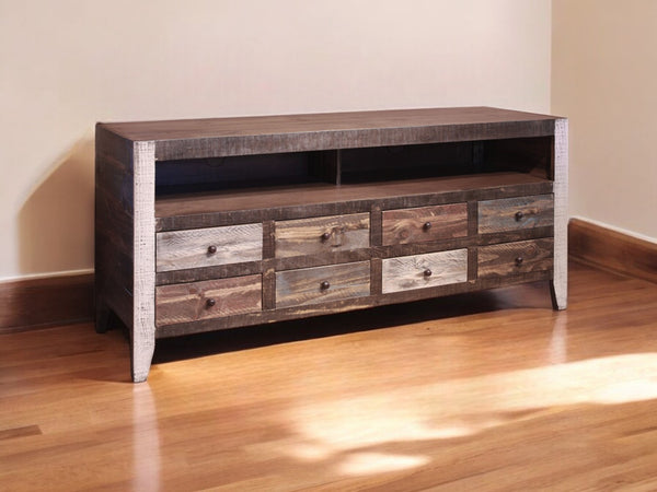 HomeRoots 61" Rustic Solid Pine TV Cabinet - Distressed Wood Media Stand with Storage & Cable Management 528734