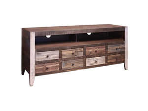 HomeRoots 61" Rustic Solid Pine TV Cabinet - Distressed Wood Media Stand with Storage & Cable Management 528734