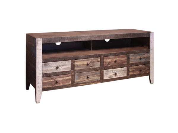 HomeRoots 61" Rustic Solid Pine TV Cabinet - Distressed Wood Media Stand with Storage & Cable Management 528734