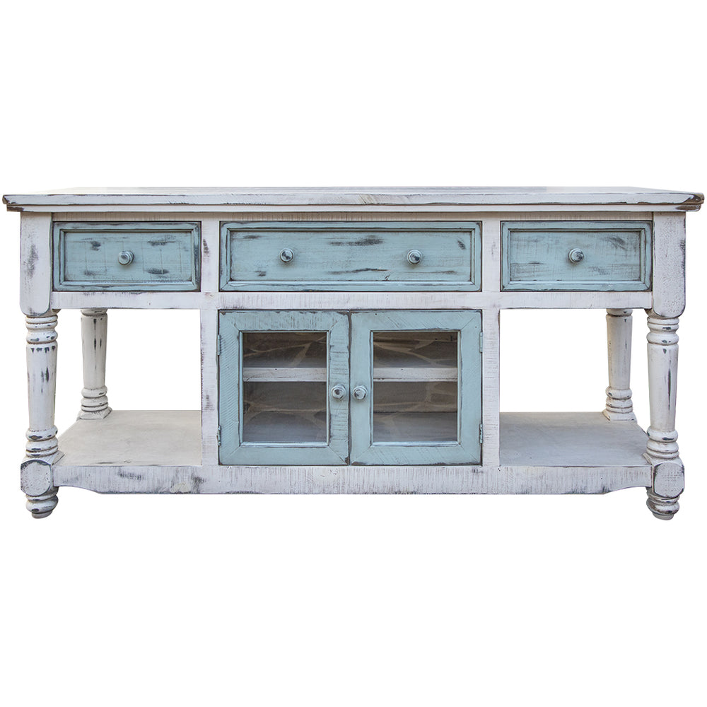 Homeroots 70" Blue And White Solid Wood Open Shelving Distressed Tv Stand  Solid Wood 528735