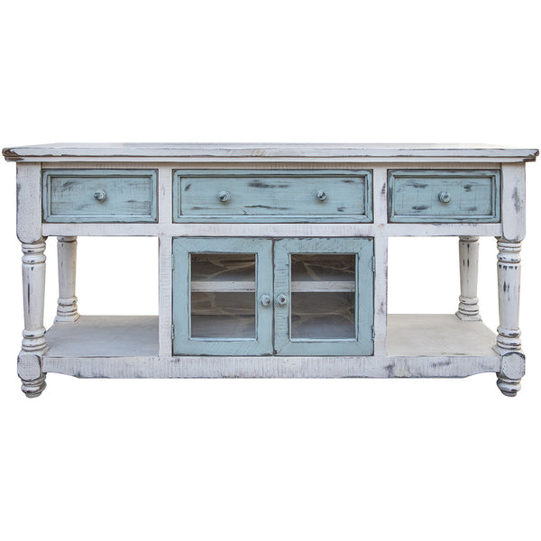 Homeroots 70" Blue And White Solid Wood Open Shelving Distressed Tv Stand  Solid Wood 528735