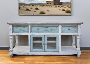 Homeroots 70" Blue And White Solid Wood Open Shelving Distressed Tv Stand  Solid Wood 528735