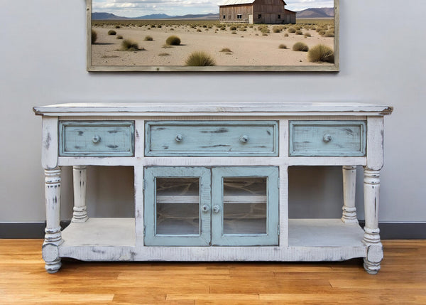 Homeroots 70" Blue And White Solid Wood Open Shelving Distressed Tv Stand  Solid Wood 528735