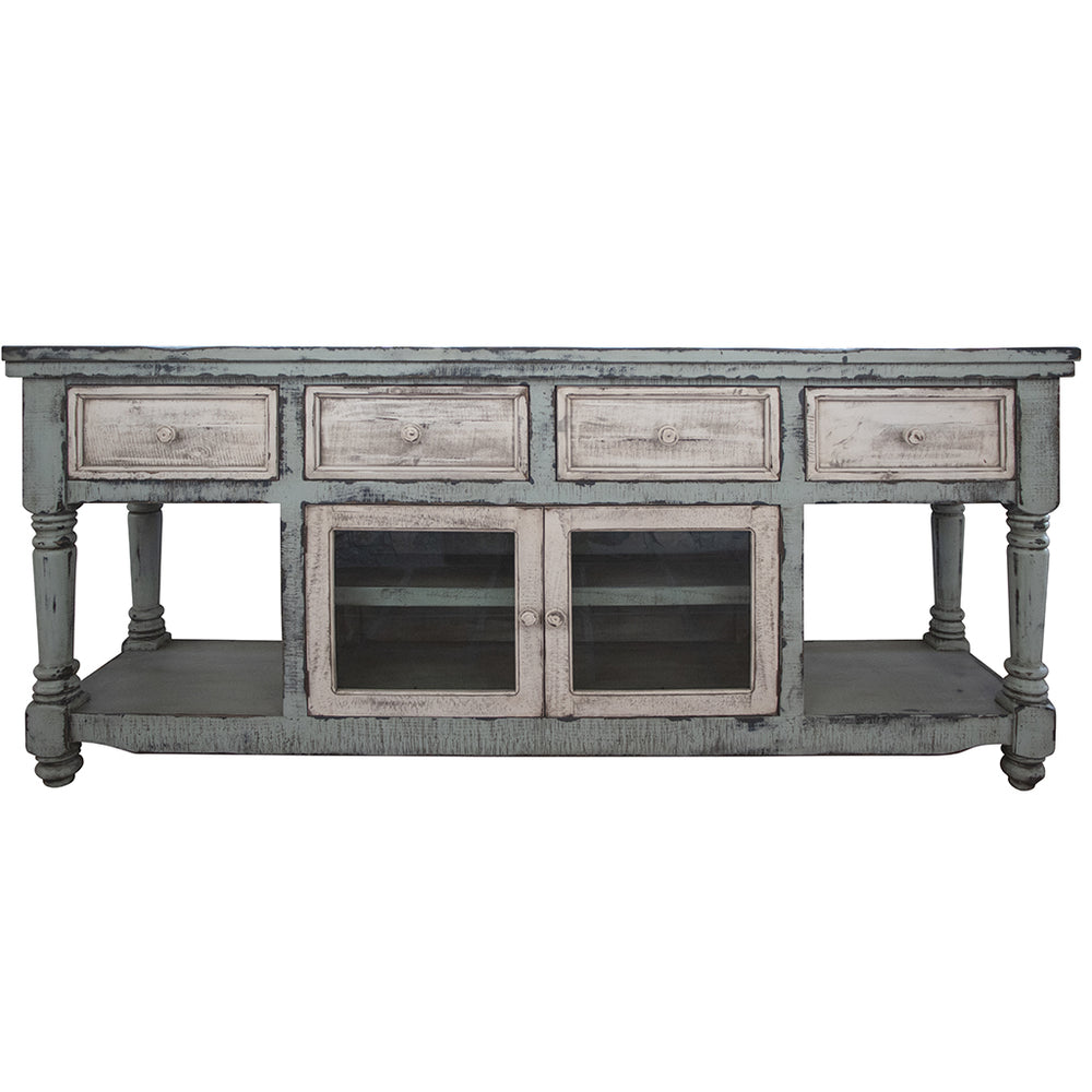 Homeroots 70" Blue And White Solid Wood Open Shelving Distressed Tv Stand  Solid Wood 528736