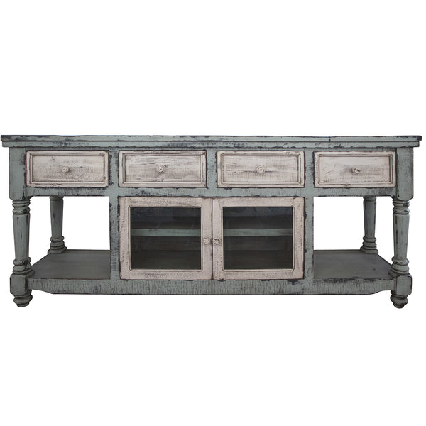 Homeroots 70" Blue And White Solid Wood Open Shelving Distressed Tv Stand  Solid Wood 528736