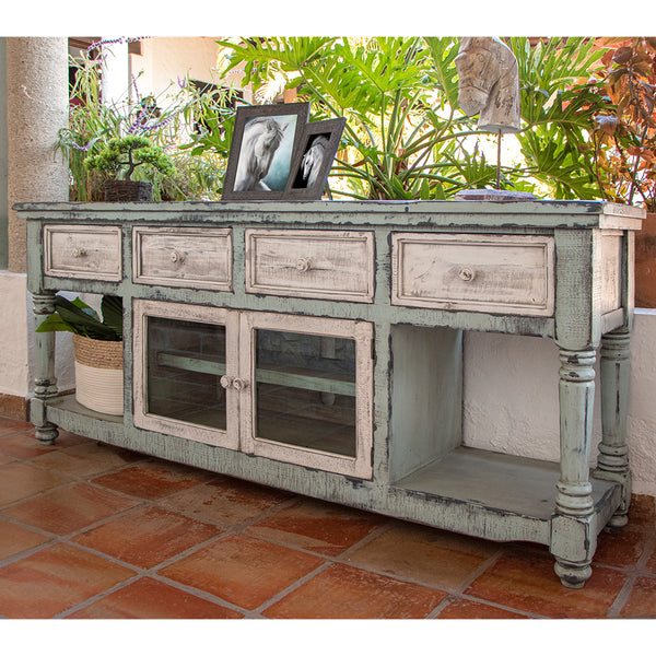 Homeroots 70" Blue And White Solid Wood Open Shelving Distressed Tv Stand  Solid Wood 528736