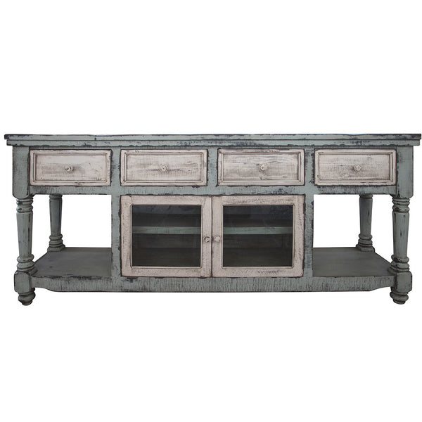 Homeroots 70" Blue And White Solid Wood Open Shelving Distressed Tv Stand  Solid Wood 528736