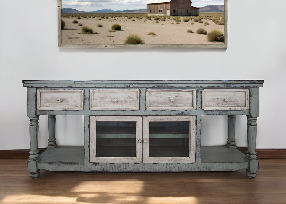 Homeroots 70" Blue And White Solid Wood Open Shelving Distressed Tv Stand  Solid Wood 528736