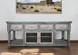 Homeroots 70" Blue And White Solid Wood Open Shelving Distressed Tv Stand  Solid Wood 528736