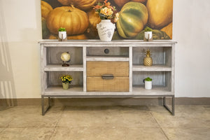 HomeRoots 70" Light Gray Solid Wood TV Stand with Rustic Charm, Open Shelving & Cable Management for Style 528737